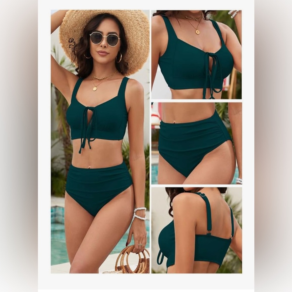 NWT Zaful Dark forest Green womens L Bikini Set high waisted supportive top cups - Picture 2 of 10